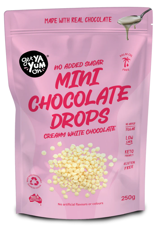Get Ya Yum On No Sugar Added Mini White Chocolate Drops 250g