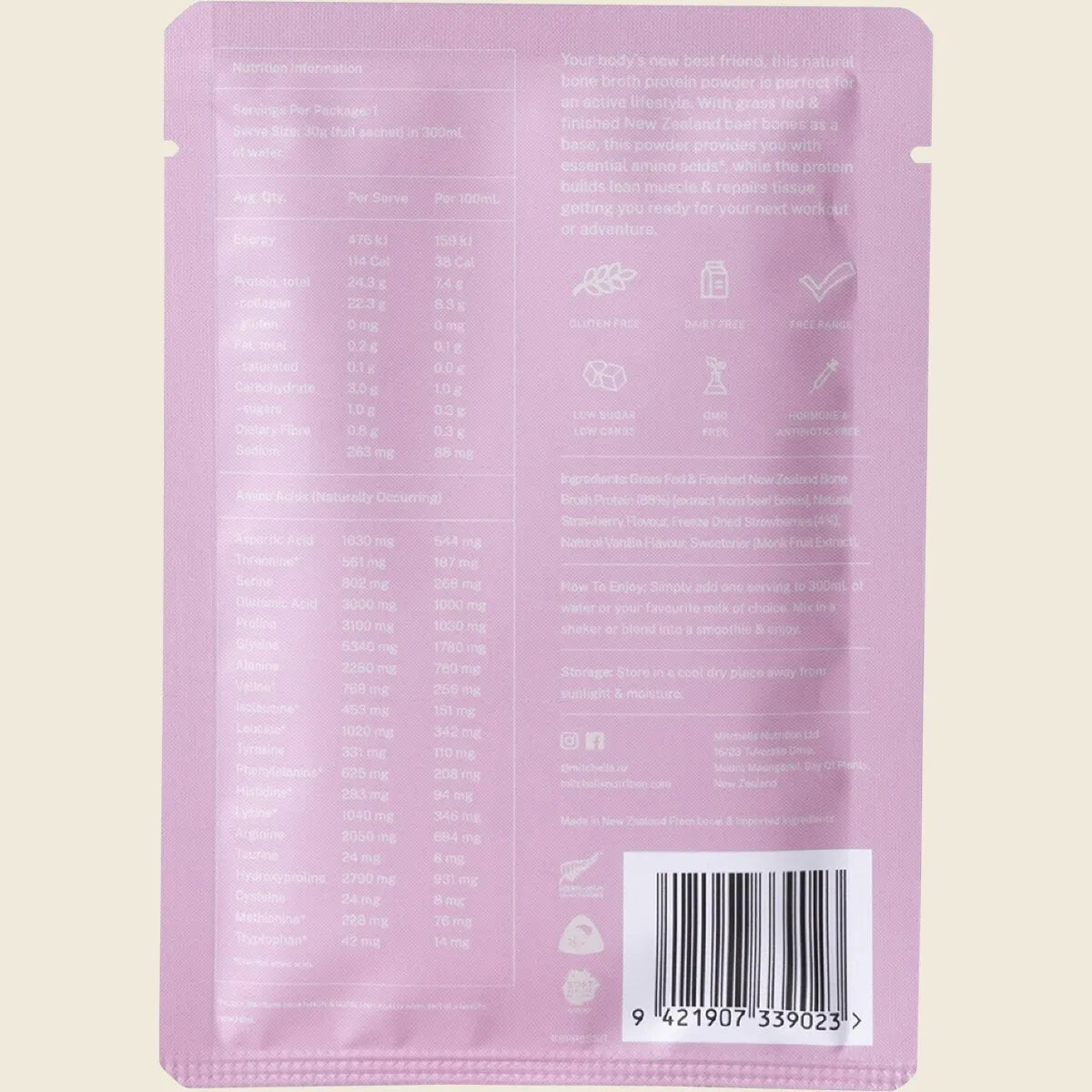 Mitchells Nutrition Bone Broth Protein Single Serve | Real Strawberry 30g