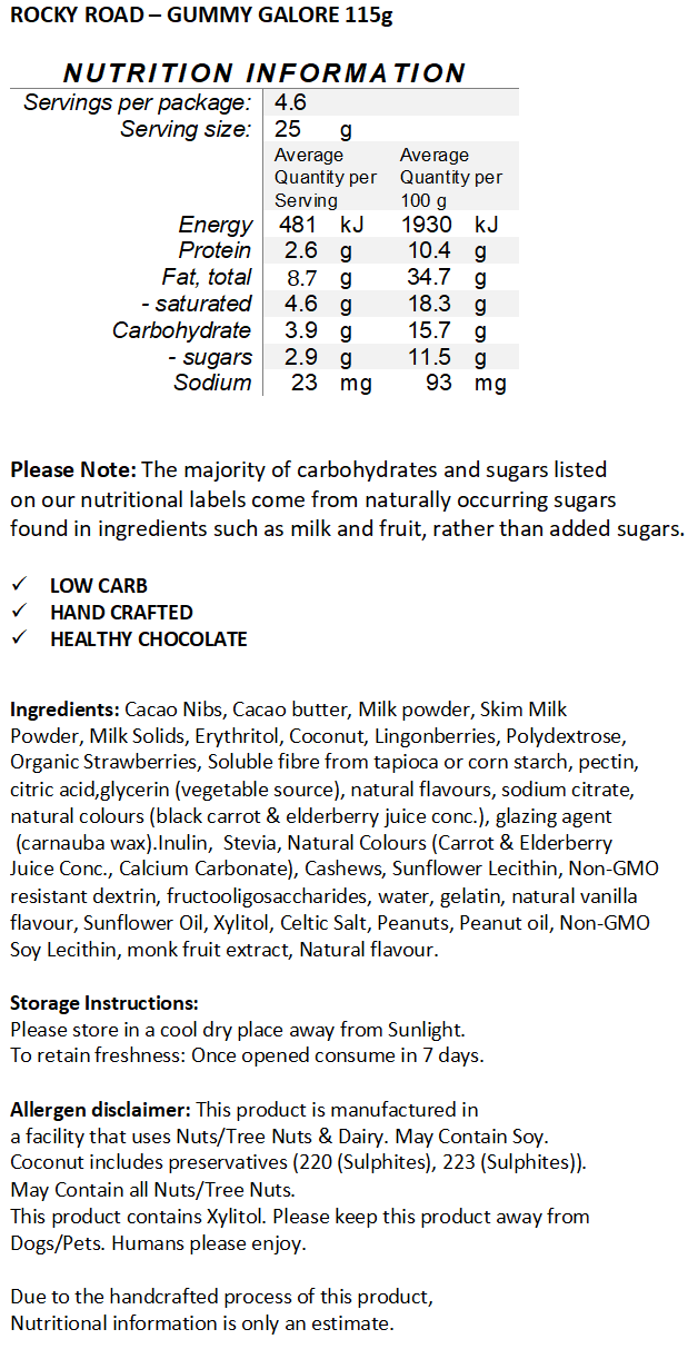 PRE-ORDER NEW & Limited Edition Halo Sugar Keto Milk Chocolate - Hand Crafted Rocky Road Chunks Gummy Galore 115g