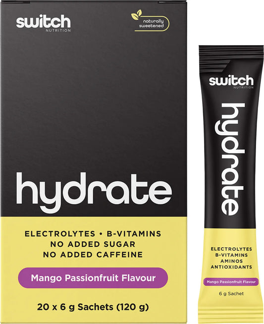 NEW Switch Nutrition Hydrate Electrolytes No Added Sugar Mango Passionfruit 20 x 6g Serve Sachet box