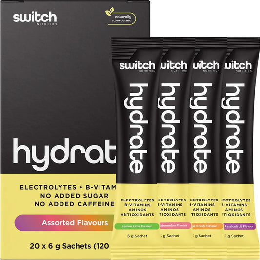 NEW Switch Nutrition Hydrate Electrolytes No Added Sugar Assorted Flavours 20 x 6g Serve Sachet box