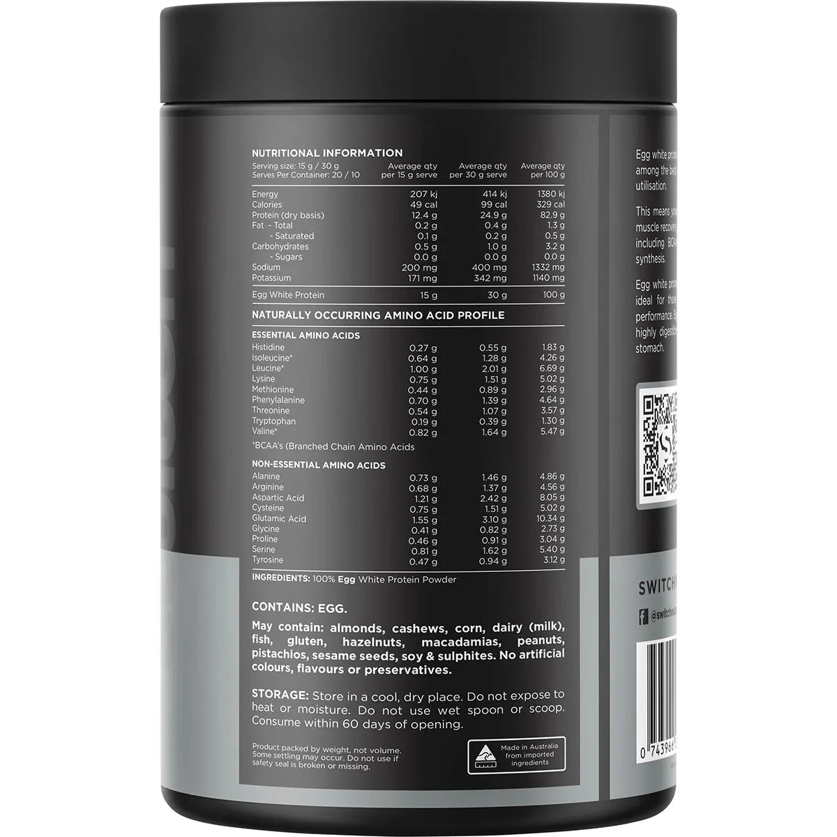 NEW Switch Nutrition Egg White Protein Powder Unflavoured 300g Support Recovery, Sleep & Health