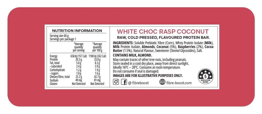 Fibre Boost Cold Pressed Protein Bar - White Choc Raspberry Coconut