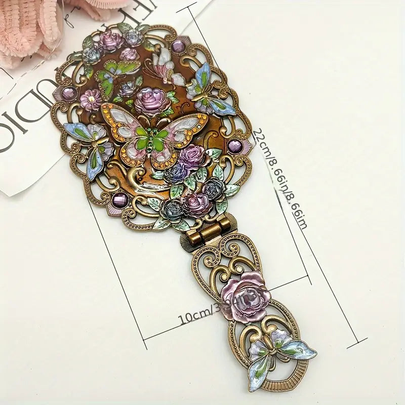 Antique-Style Handheld Vanity Mirror – Floral Butterfly Design, Folding Mirror with Tabletop Stand