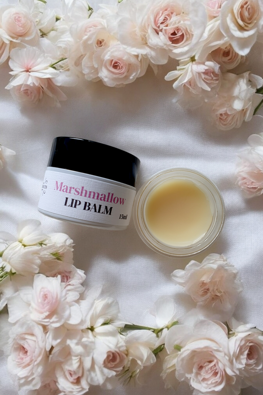 Hand Poured Nourishing Lip Balm: Marshmallow 15ml - Almond Oil & Shea Butter
