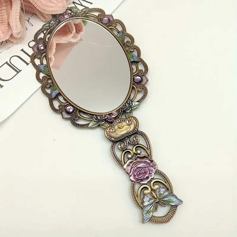 Antique-Style Handheld Vanity Mirror – Floral Butterfly Design, Folding Mirror with Tabletop Stand