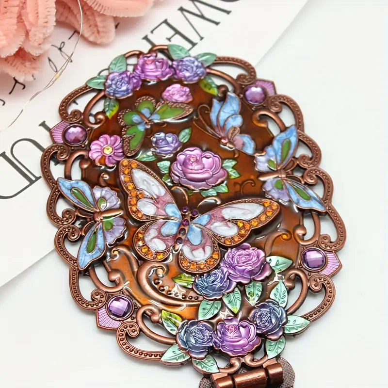 Antique-Style Handheld Vanity Mirror – Floral Butterfly Design, Folding Mirror with Tabletop Stand