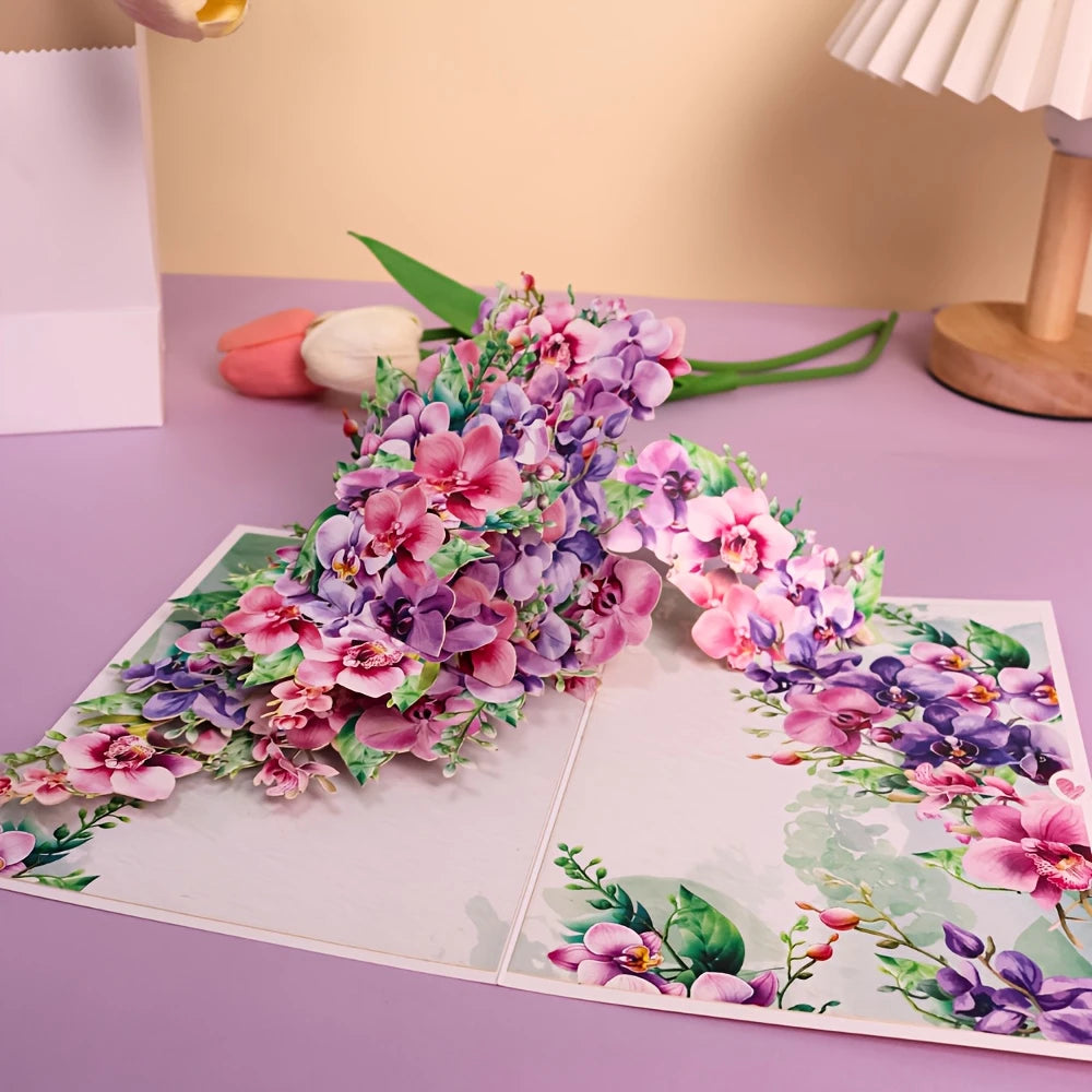 1pc Elegant Orchid Pop-Up Greeting Card – Handcrafted with Pink & Purple Flowers, Green Leaves