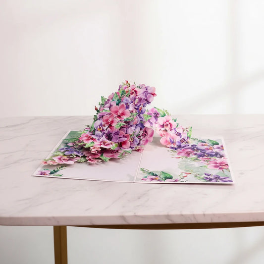 1pc Elegant Orchid Pop-Up Greeting Card – Handcrafted with Pink & Purple Flowers, Green Leaves