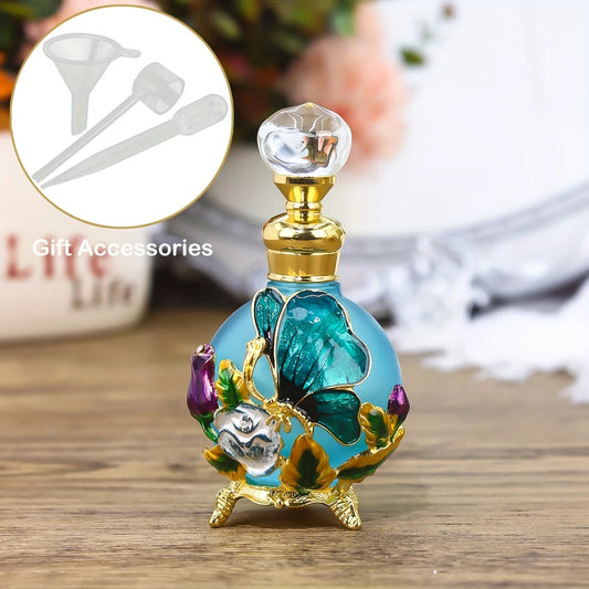 25ml Vintage Rose & Butterfly Enamel Perfume Bottle – Colorful Empty Travel Dispenser with Free Essential Oil Refill Kit – Elegant Gift for Women