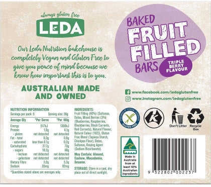 Leda Baked Fruit Filled Bars Triple Berry Multipack 190g Box (5 x 38g)