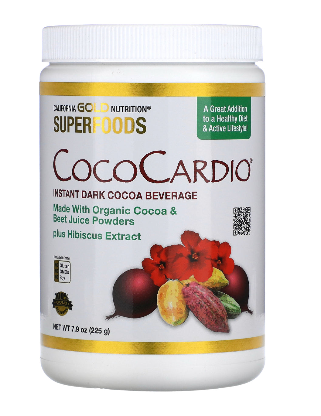California Gold Nutrition, CocoCardio, Certified Organic Instant Dark Cocoa Beverage with Beet Juice & Hibiscus 225 g