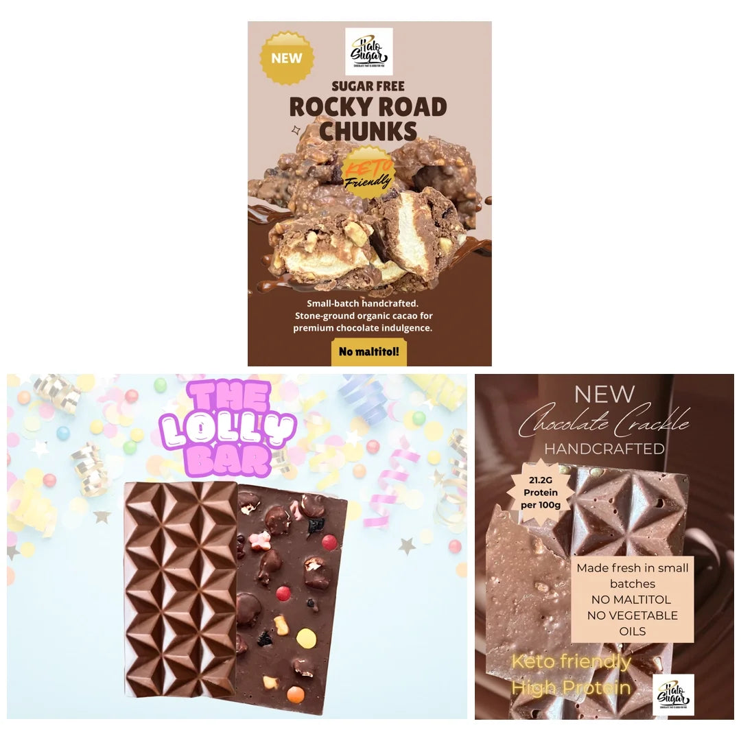 Halo Sugar Keto Sugar Free Lolly Confectionery Chocolate Bundle - 3 Desserts